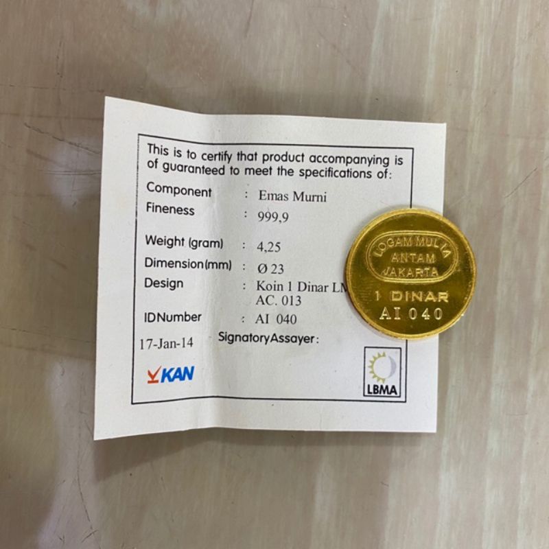 1 dinar antam fine gold , 1 dinar 24 karat limited
