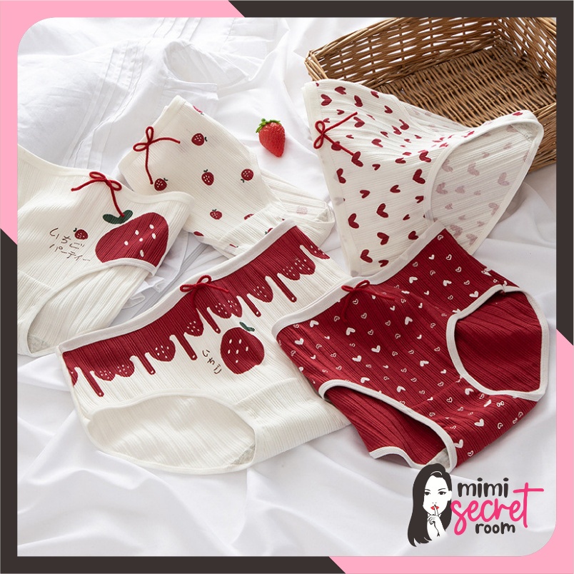 ❤ MIMI ❤  Celana Dalam Wanita Import Mid Waist Cd Imut Motif Red Strawberry Murah