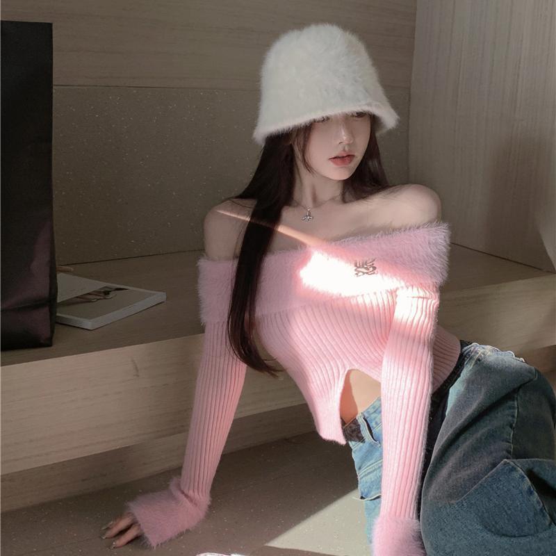 Red 2022 musim gugur dan musim dingin versi Korea baru splicing murni keinginan hot gadis one-shoulder pendek sweater wanita lembut waxy self-budidaya pelangsing trendi
