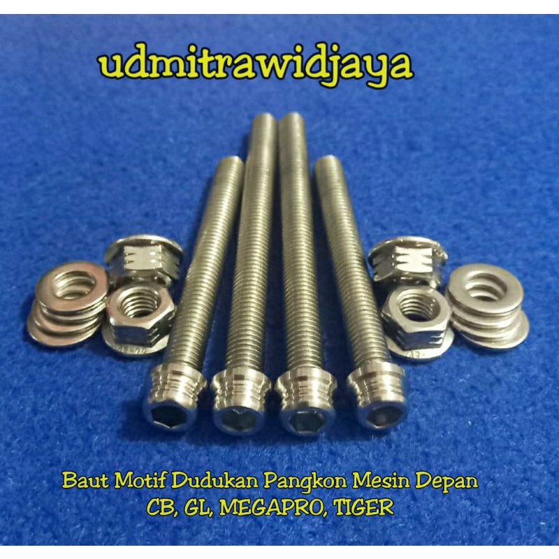 Baut L stainless SS Pangkon mesin depan Dudukan mesin CB, GL, MEGAPRO, TIGER 1set baut + mur + ring baut motif probolt ss pangkon mesin honda set baut pangkon mesin baut probolt motif