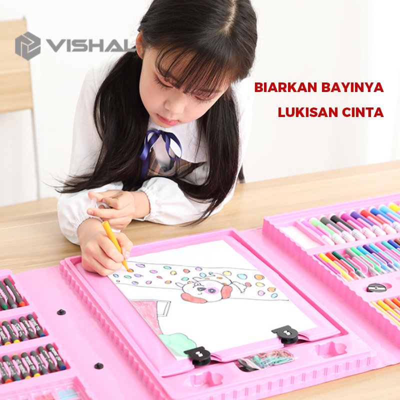 VISHAL Crayon Anak Pengasah 208pcs Set Alat Menggambar Melukis Anak-anak Crayon Cat Air Pensil VS-1859