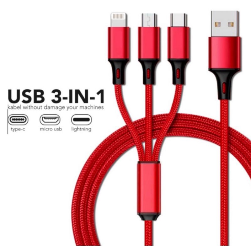 KABEL DATA 3 IN 1 MICRO USB TYPE C LIGHTNING FAST CHARGING 2.4 A