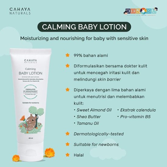 Calming Baby Lotion (Sensitive Skin &amp; Eczema) 60ml Cahaya Naturals - Lotion Wajah dan Badan Bayi dengan Kulit Sensitif &amp; Eksim untuk Mencegah Ruam dan Menyamarkan Bekas Luka