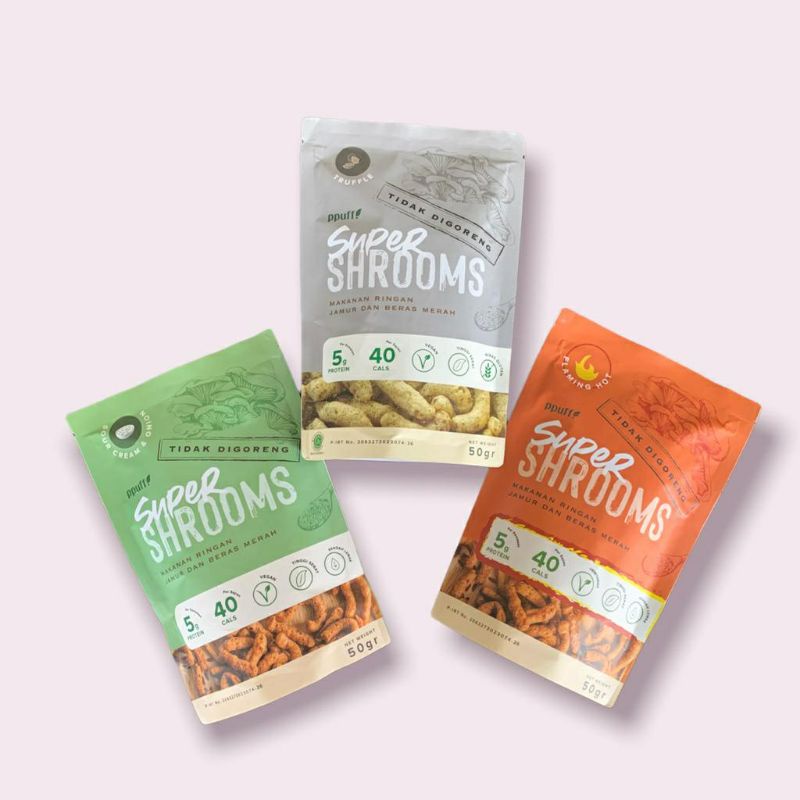 Super Shrooms Ppuff! 50Gr Snack Panggang Sehat Vegan Non MSG Low Fat Cemilan Diet Sehat Snack Jamur Vegan