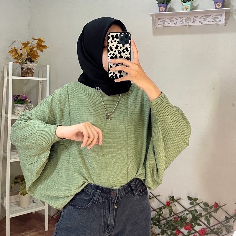 BATWING RAJUT OVERSIZE BLOUSE CROP BAJU KNIT KELELAWAR WANITA TEBAL PREMIUM