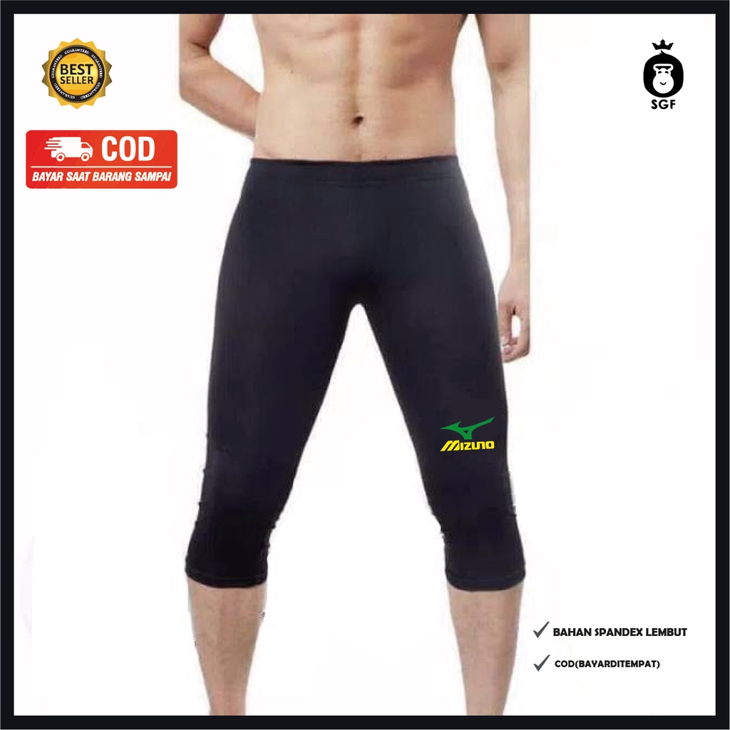 celana legging mizuno hijau kuning 3/4 / celana manset  pria 3/4 / legging volly futsal3/4 / legging