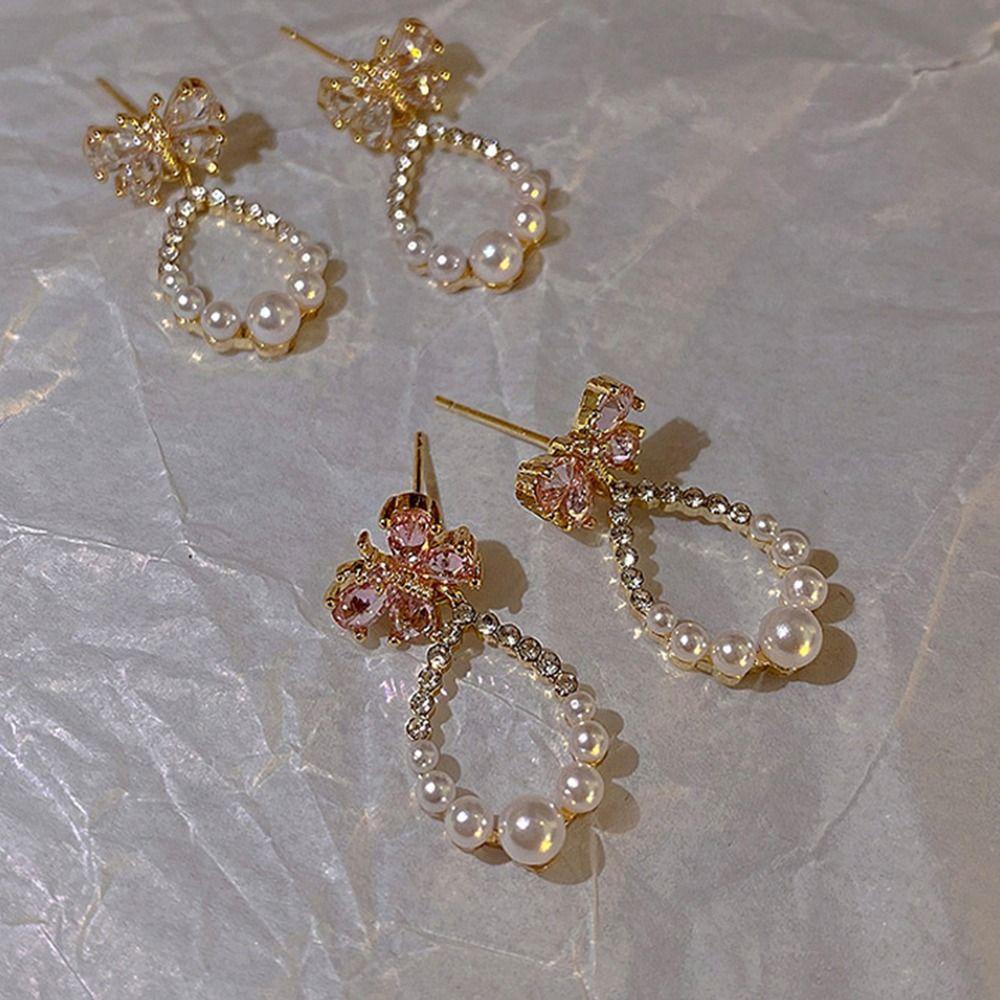 MXBEAUTY Wanita Anting Pesona Manis Indah Mutiara Perhiasan Fashion Niche Desain Gadis Hadiah Temperamen Zirkon Gaya Korea Menjuntai Earrings