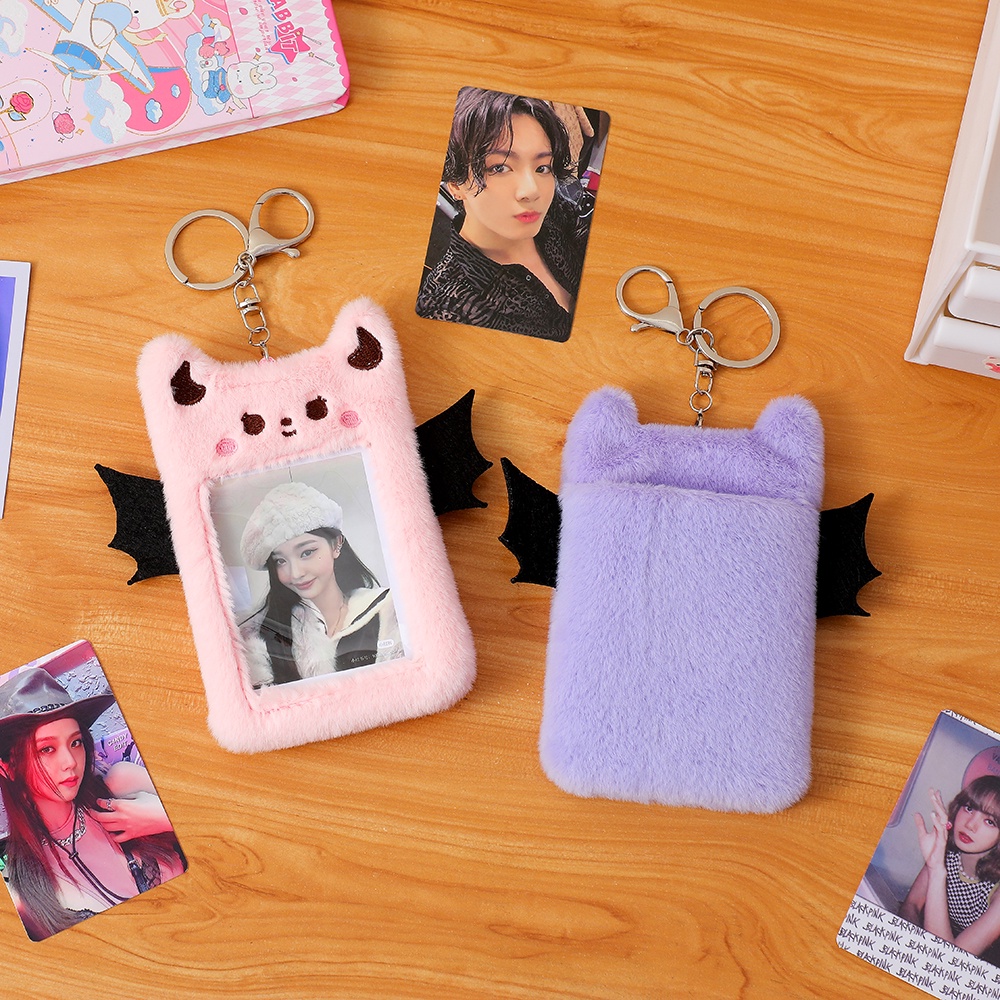 Kawaii Little Devil Plush Card Holder 3inch Idol Photocard Sleeves Cover Cute Soft Rabbit Bus Card Foto Pelindung Case Alat Tulis
