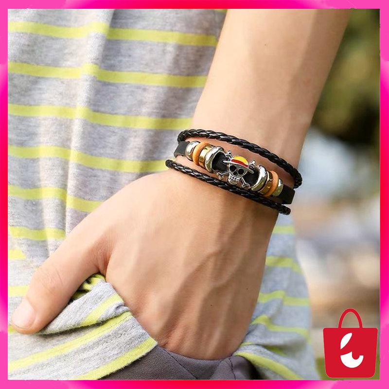 ✅ BISA COD Gelang Tangan Pria Wanita Luffy Vintage Kulit Sapi Gaya Punk Gelang Perhiasan Populer Alat Peraga Cosplay Perhiasan Simbol Tengkorak Tali Kulit Ganda Gelang Logam Gelang Aksesori Anime