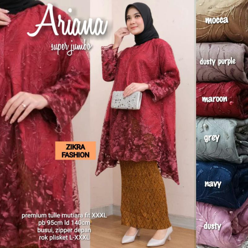 ARIANA KEBAYA SUPER JUMBO LD 140 SETELAN TUNIK BUSUI BRUKAT TILE JUMBO ROK PLISKET BATIK ETNIK PREMI