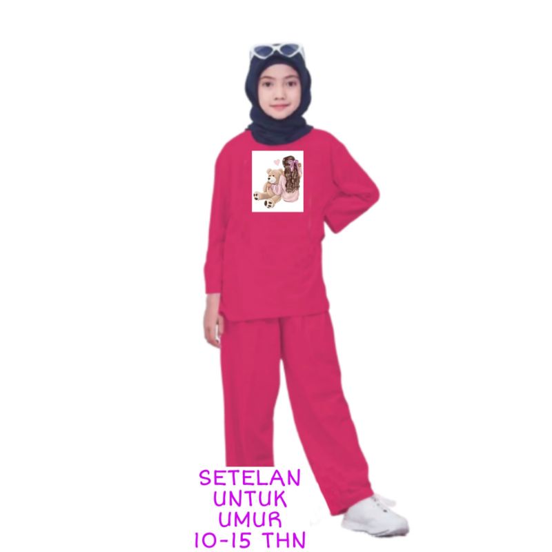 Setelan Anak Perempuan Remaja Bahan Kaos Babyterry Lengan panjang dan Celana panjang Oversixze XXL 10 11 12 13 14 15 Tahun . One Set Anak Perempuan Terbaru 2023 Viral Stelan Remaja Kekinian Setelan Anak Tanggung Boneka Bear