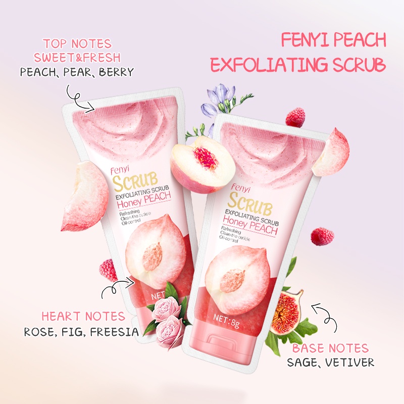 BPOM Fenyi Peach Body Scrub Sachet Mengeksfoliasi / Mengelupas Kulit Mati Membersihkan Dengan Lembut Body Care 8g