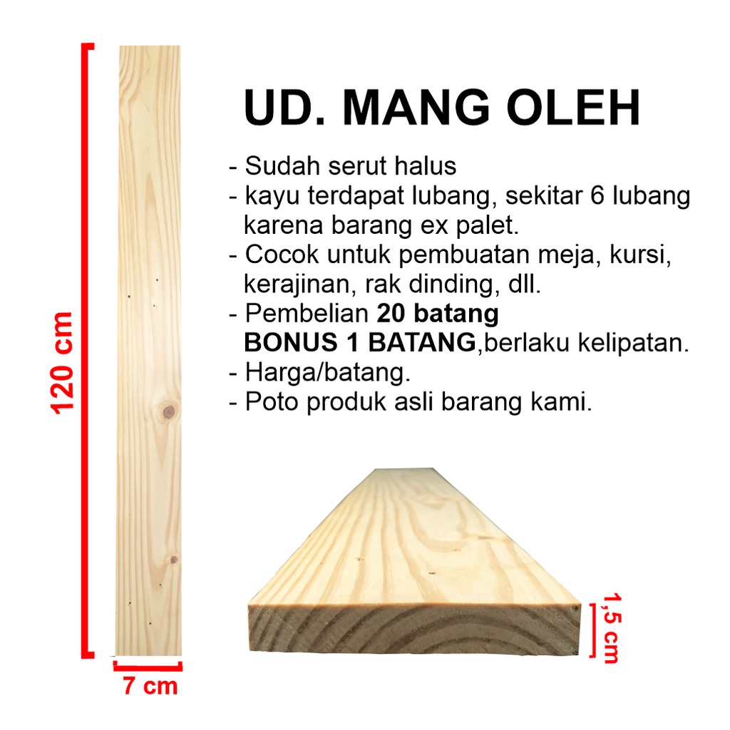 Papan Kayu Pinus / Jati Belanda 120x7x1/1,5 Natural&Bakar sudah halus  / Cocok Untuk Furniture.
