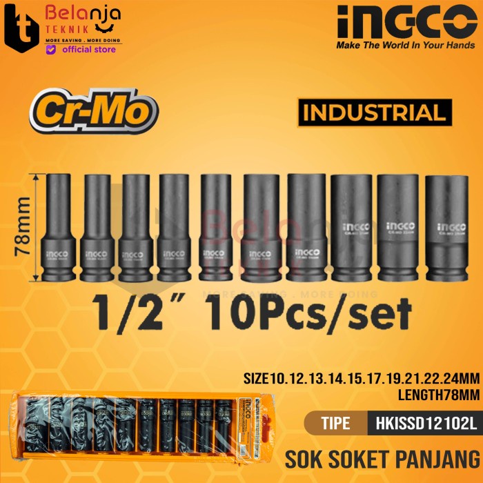 Ingco Deep Impact Socket 1/2" Inch Set 10 Pcs Mata Shock Sok Sock 1/2