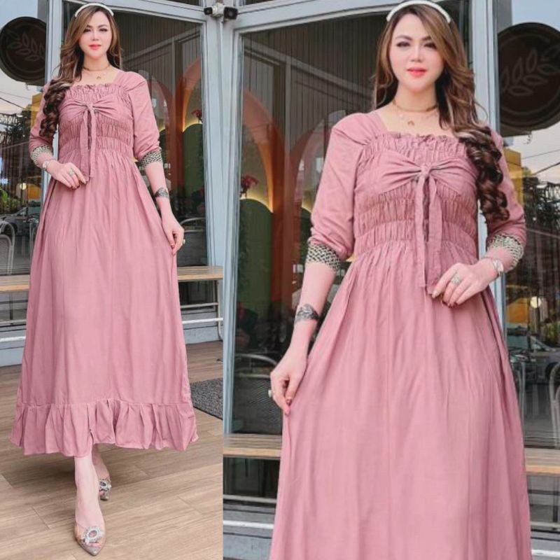 NEW DRESS SMOCK ROK REMPEL SUPER LEBAR LENGAN ¾ VARIASI RENDA SISIK MEWAH // LONGDRESS RAYON SEXY ELEGAN KEKINIAN