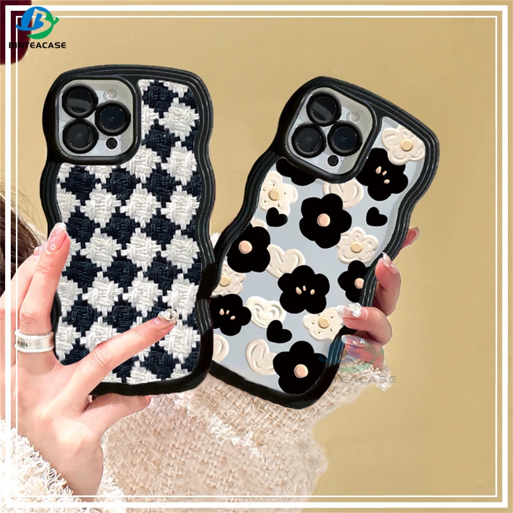 Redmi Note 11S 11 Pro Redmi 10C 10A 9A Note10 5G Note 10S 9C 9T Note9 Note8 Poco X3 Pro NFC Hitam Dan Putih Kotak-Kotak Dan Bunga Tepi Melengkung TPU Case Handphone Binteacase