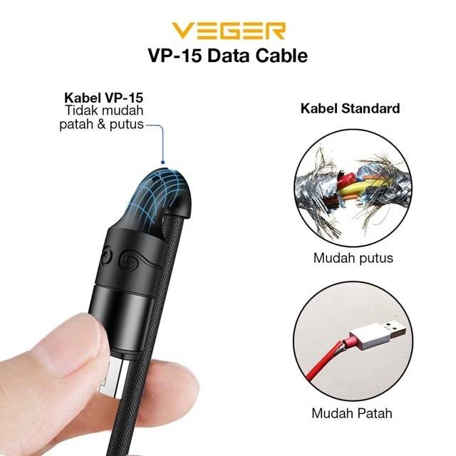 Kabel Data Micro USB VEGER VP-15 Fast Charging 3A panjang 100cm