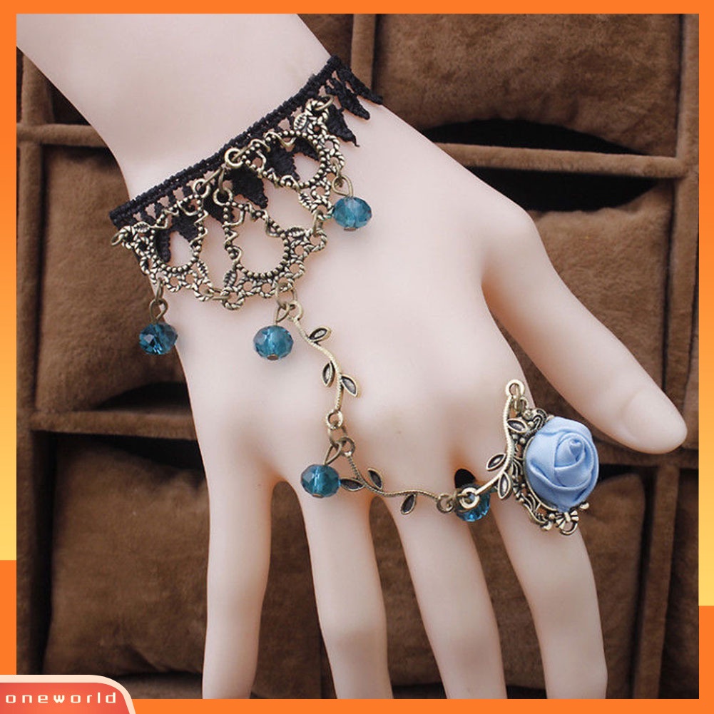 {oneworld} Gothic Perhiasan Wanita Renda Bunga Tangan Budak Rantai Cincin Harness Gelang Hadiah