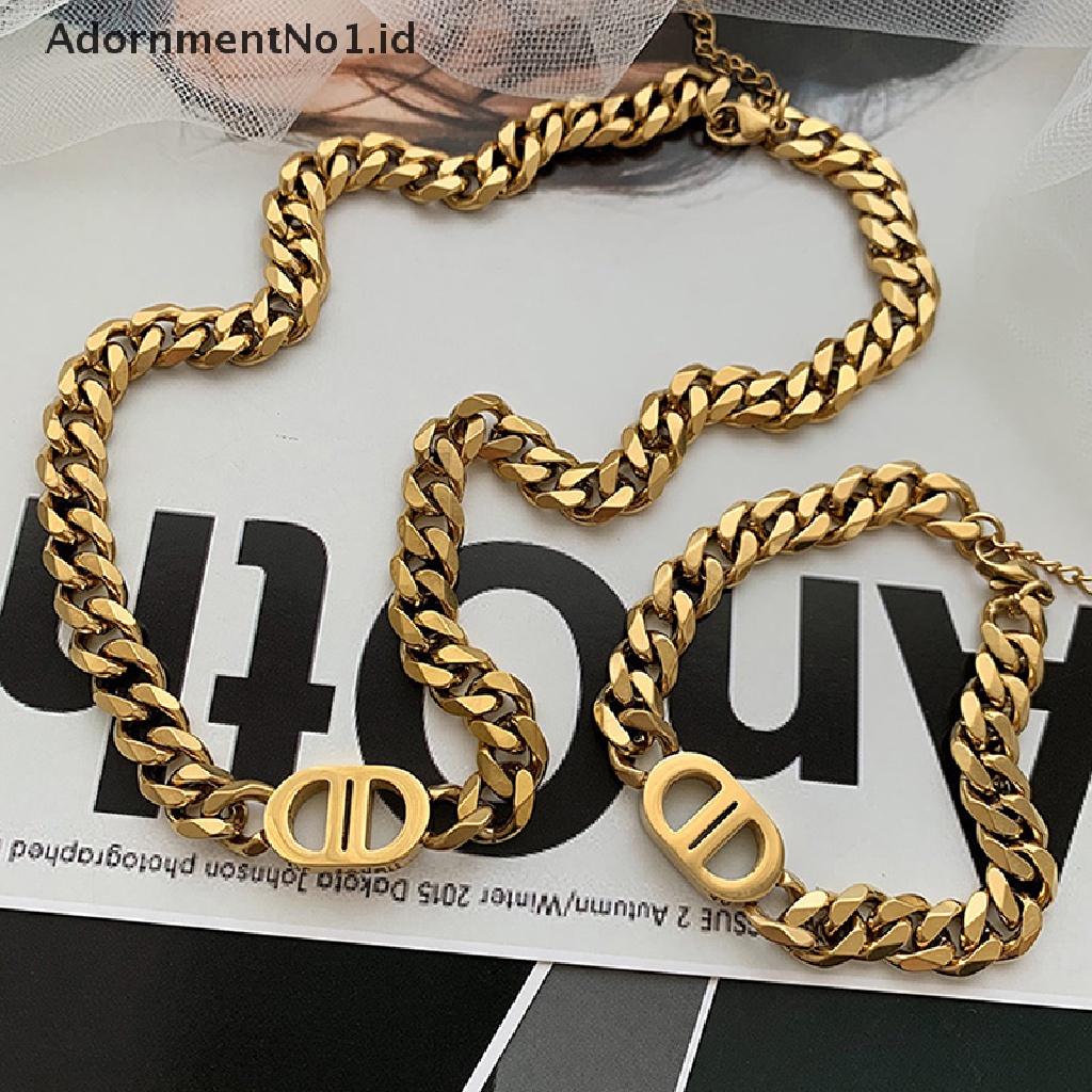 [AdornmentNo1] Fashion Baru Emas Tebal Rantai Huruf Ganda D Titanium Steel Kalung Wanita Hip-hop Hidung Babi Klavikula Rantai Liar Keren Gadis Jewery [ID]