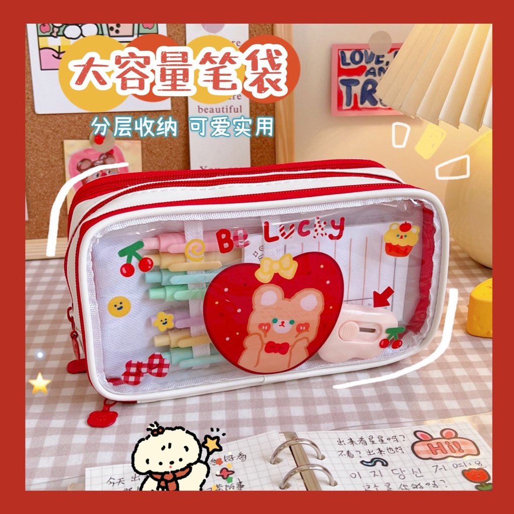 

Tempat Pensil Transparan 3 Zipper Cute Aesthetic Jumbo Korean Cute Pensil Case Organizer C003