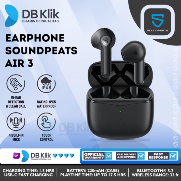 Dijual TWS SOUNDPEATS Air3 APTX Adaptive - SOUNDPEATS Air 3 Wireless Earbuds - BLACK Diskon