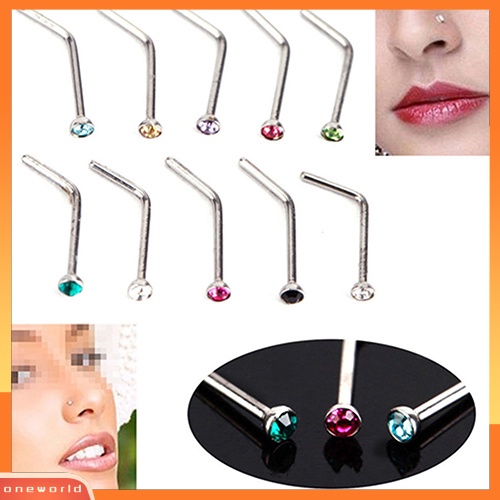 [oneworld] 10pcs Unisex Berlian Imitasi Stainless Steel Sekrup Cincin Hidung Stud Piercing Perhiasan