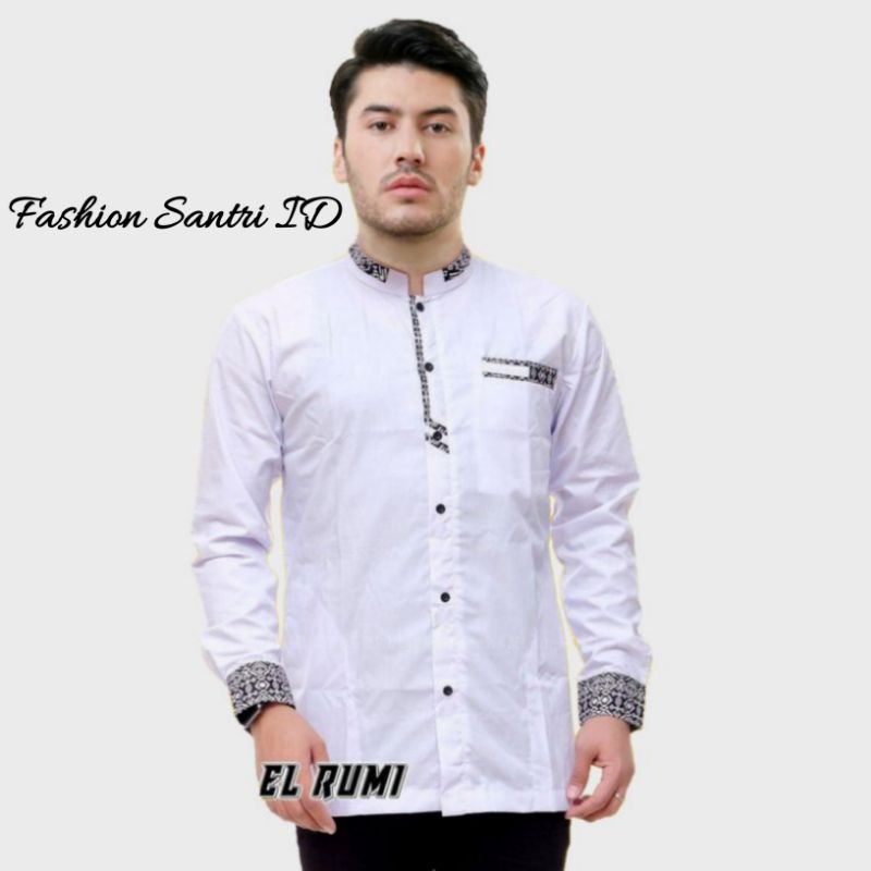 Baju Koko Pria warna Putih Polos Kombinasi Batik Premium Quality