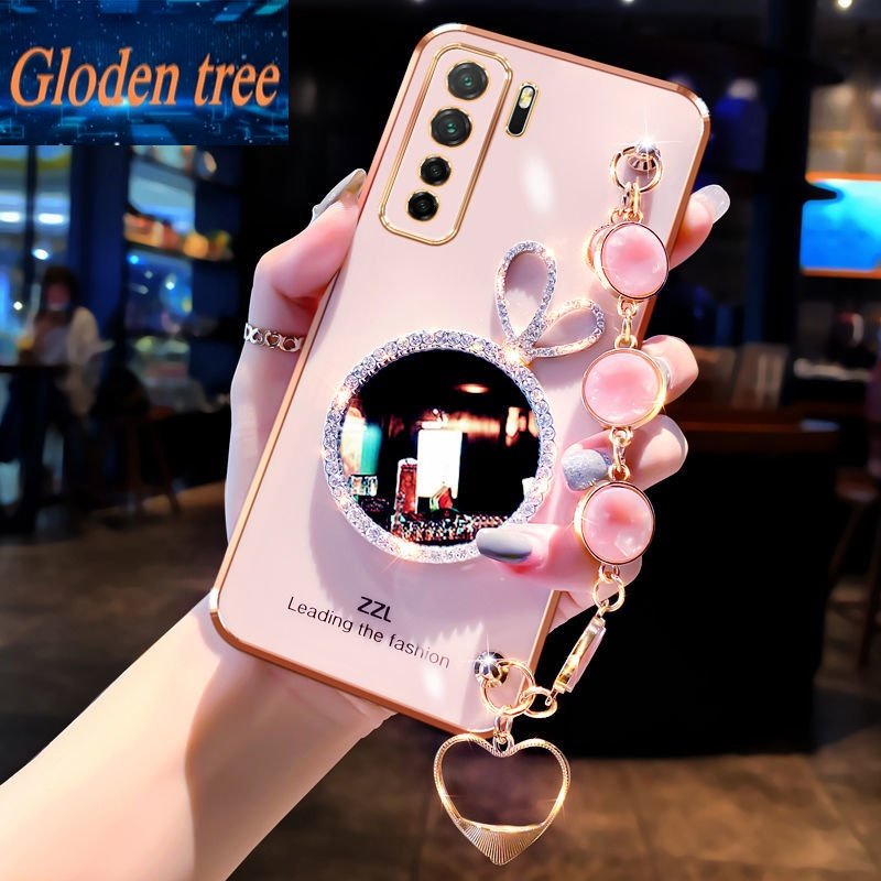 Gloden tree Phone Case Untuk Huawei P20 P20Pro P20Lite P30 P30Pro P30Lite P40 P40Pro P50 P50Pro Shell Rabbit Vanity Mirror Dengan Gelang Permata