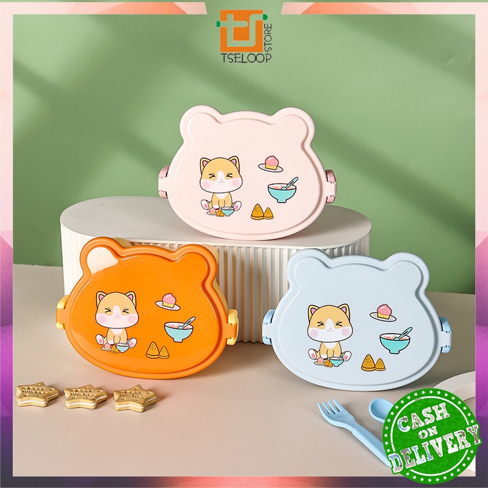 OFM-C777 Kotak Bekal Anak Set Sendok Garpu Motif Cartoon Lucu Lunch Box / Tempat Makan tingkat Anak Karakter Kucing BPA FREE