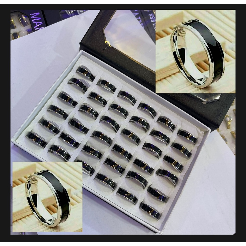 Cincin Couple Hitam Titanium 1Box isi 36Pcs Stainless Steel List Silver List Gold Dan Sisi Rata Polos 1 Box Anti Karat Selamanya Fashion Ring Partai Grosir