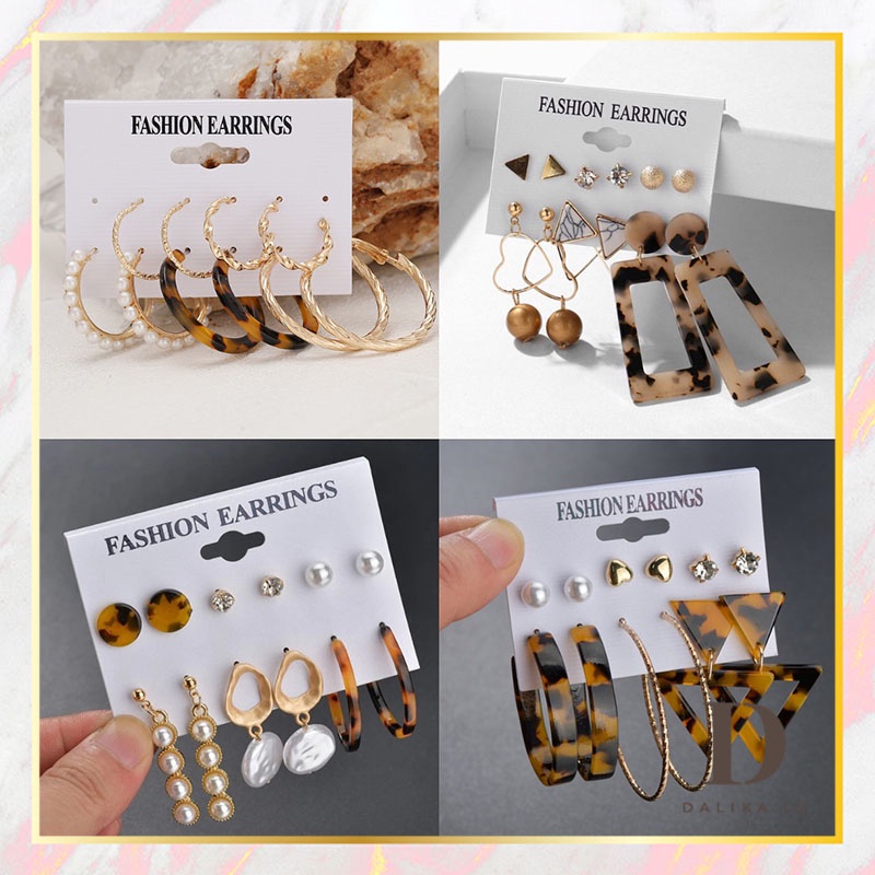 Anting Set 12 pcs / 6 Set Model Raisin Loreng Macan Mutiara Kristal Hati Aksesoris Wanita Korea