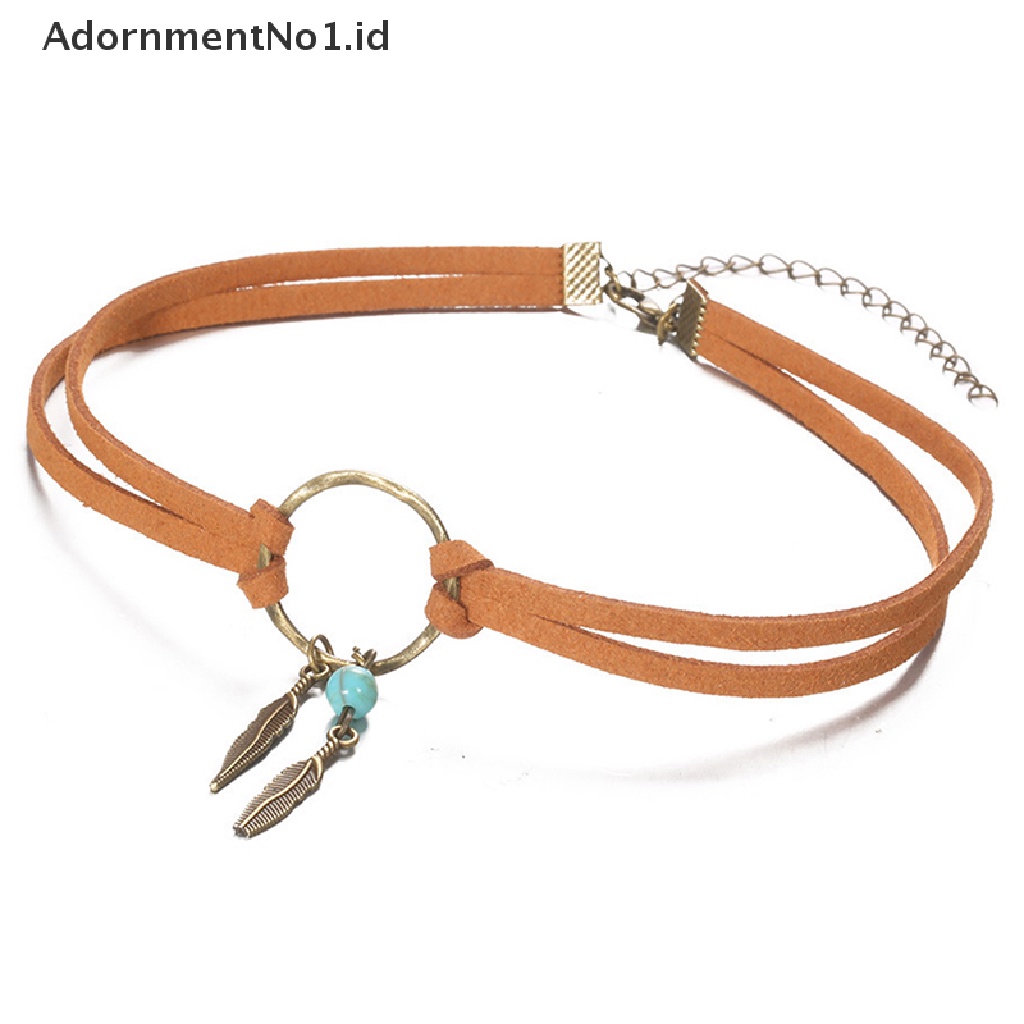 [AdornmentNo1] Wanita Bohemian Choker Boho Bulu Manik Liontin Kulit Coklat Rantai Kalung Fashion Lady Perhiasan Hadiah Pesta [ID]