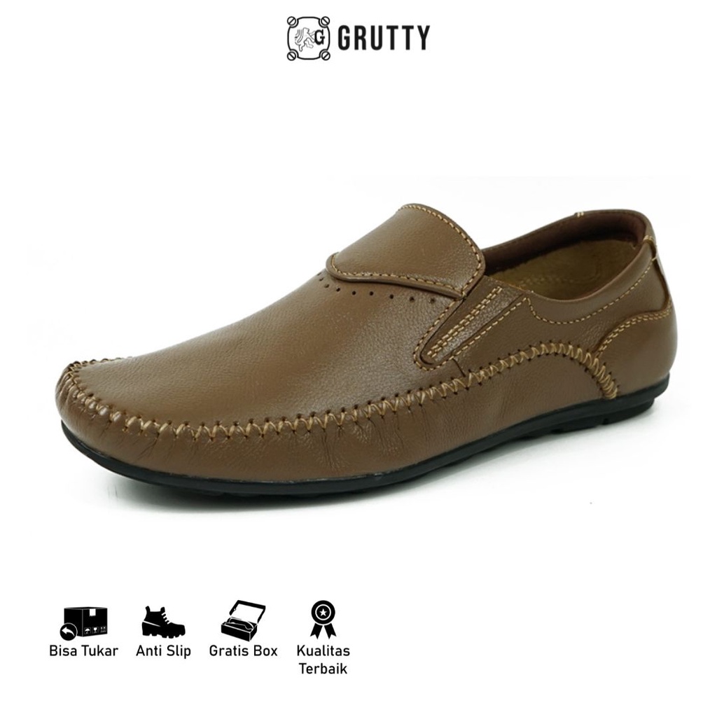 Sepatu Pria Kasual Pantofel Slip On Kulit Asli Grutty JN8810 Tan