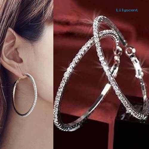 [LS] 1pasang Wanita Fashion Punk Mewah Mengkilap Berlian Imitasi Ear Hoop Menjuntai Anting-Anting