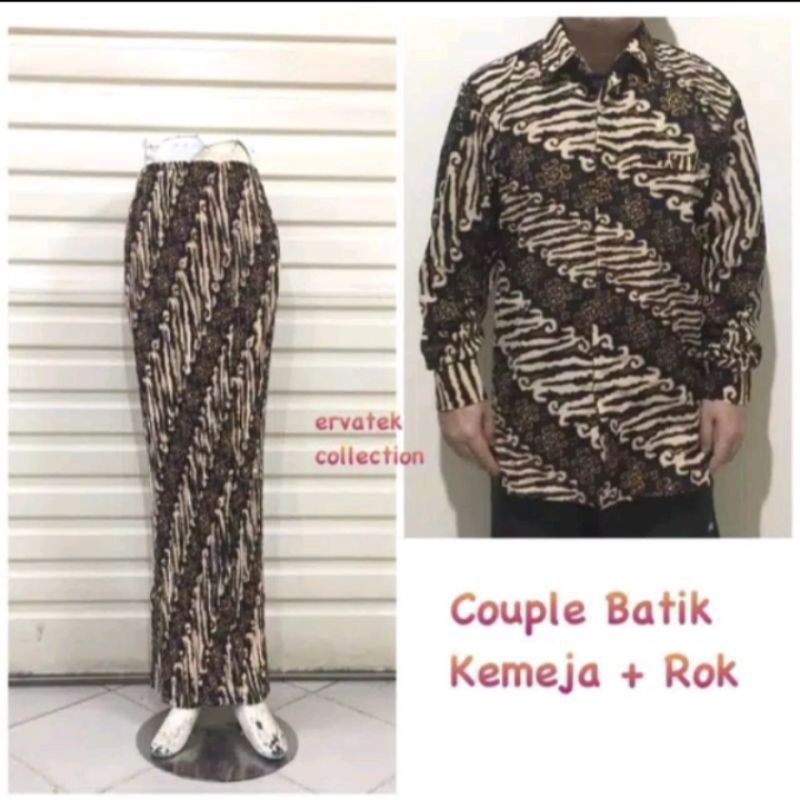 Couple Kemeja Batik Pria Tangan Panjang Tangan Pendek dan Rok Plisket Wanita