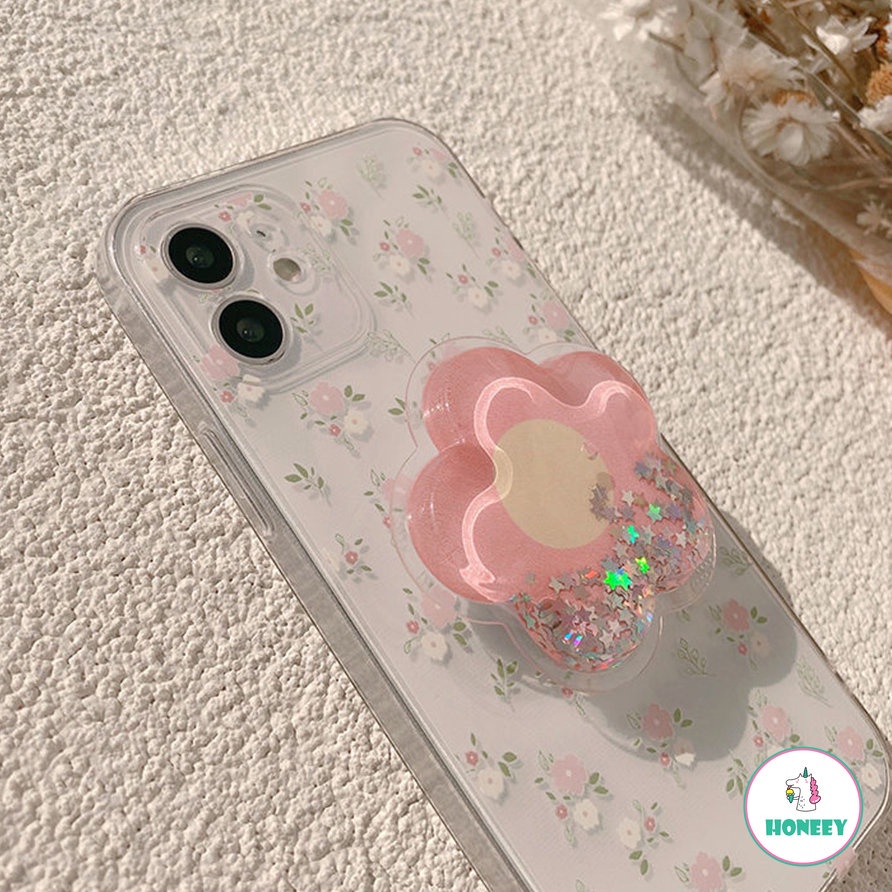 Spring Flower Sequin Quicksand Stand Holder Phone Case Kompatibel Untuk IPhone 14 13 12 11 Pro Max Clear Stand Mount Shockproof Soft TPU Back Phone Cover