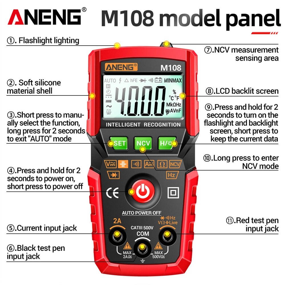 ANENG Mini Digital Multimeter ACDC Electrical Voltage Tester - M108 - Black/Red