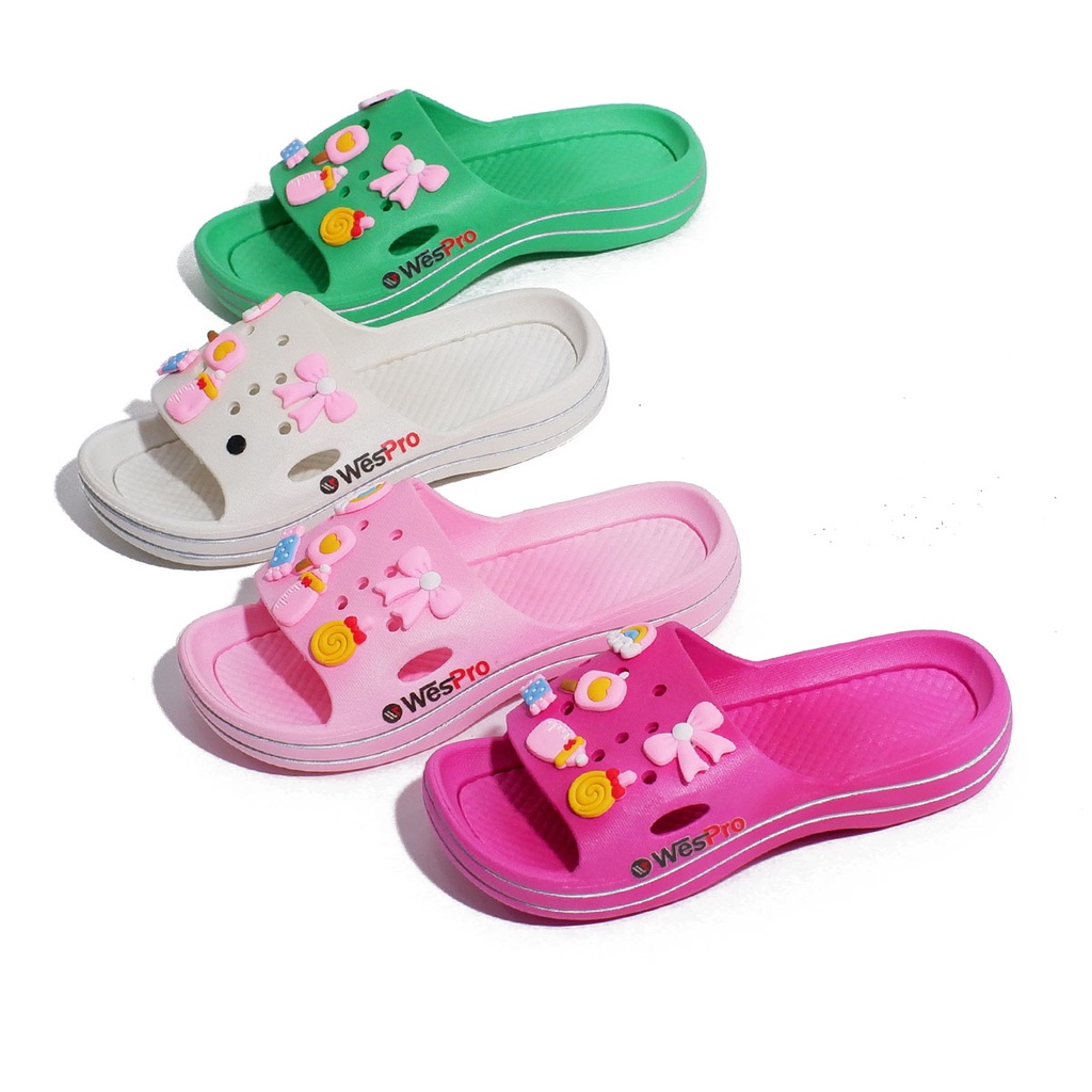 Wespro Donna Sandal anak perempuan selop karet slip on Karakter jibbitz pelangi lucu