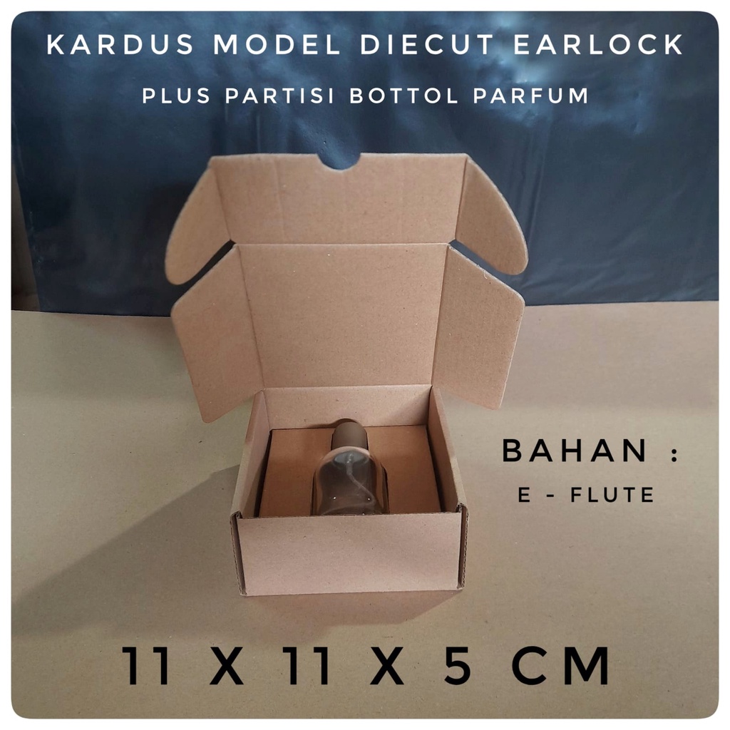 

kardus karton uk.11x11x5 cm model diecut earlock + partisi untuk parfum 30 - 35 ml