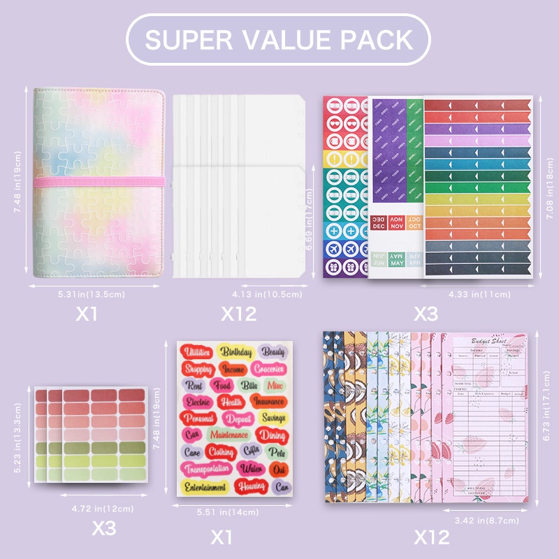 A6 Binder Notebook Set Puzzle Cover PU Kulit Planner Notebook Ritsleting Folder Penyimpanan Uang Tunai Amplop Uang Organizer