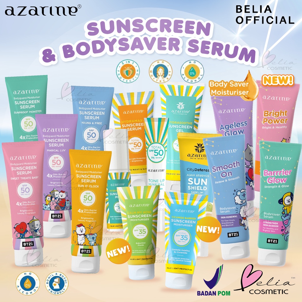 ❤ BELIA ❤ AZARINE Aqua Essence Sun Shield Serum SPF 50 PA+++ & Hydrasoothe Sunscreen Gel SPF45+++ | Bodyguard BT21 | Body Saver Serum Moisturiser | BPOM