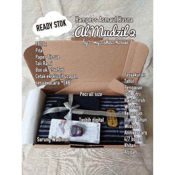 

Hampers AL MUDZIL kado hadiah gift box muslim souvenir tahlil pengajian haji umroh idul fitri ulang tahun wisuda kenangan pernikahan Aqiqah Khitan