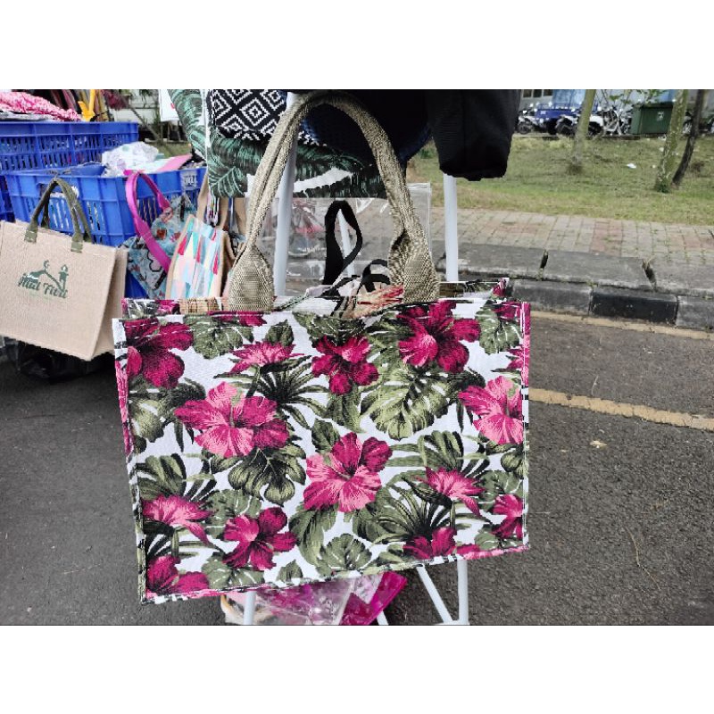 totebag belanja travel kanvas motif size 50*15*35 cm tali tebal tas jinjing jumbo plus resleting