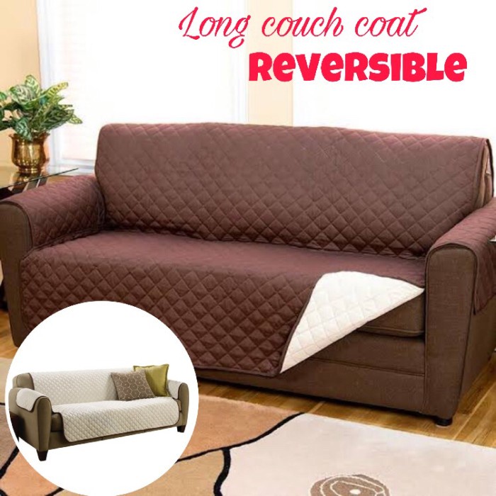 Cover Sofa Long Couch Coat Reversible Washable Coklat Cream Q1L7 tebal protector anti slip Berkualit