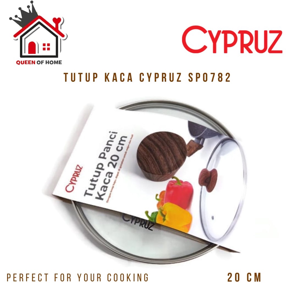 Cypruz Tutup Panci Kaca 20cm Handle Kayu Coklat SP0782 Tutup Panci Silicone Tutup Kuali Wajan Penggo