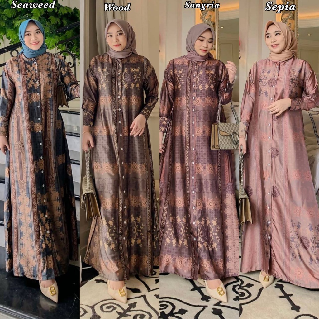 Teressa Dress Wanita Armani Silk Premium Gamis Terbaru Lengan Panjang Gaun Ethnik Baju Muslim Kekinian LD 110 cm