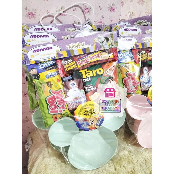 Piring jerami || Souvenir Piring Mickey Jerami || Paket souvenir lengkap Snack || Hampers Mickey Jerami