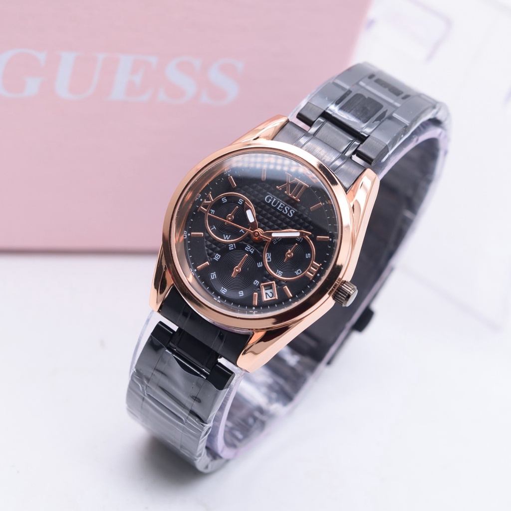 BEST SELLER JAM TANGAN GUESS WANITA R75 TALI RANTAI TANGGAL AKTIF BODY BULAT DM 3.6CM FREE BOX &amp; BATERAI || JAM TANGAN FASHION WANITA JAM TANGAN CEWEK MURAH