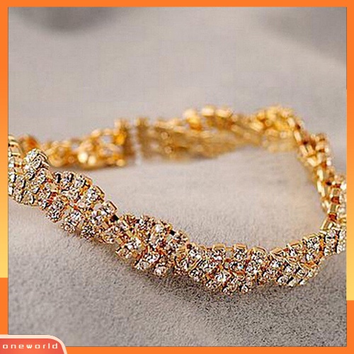 {oneworld} Fashion Wanita Emas Perak Berlapis Kristal Bening Rantai Gelang Bangle Perhiasan