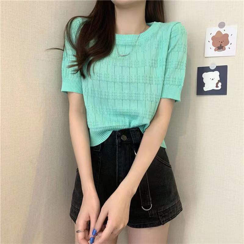 Korean Baju Atasan Wanita Lucu Knit Crop Top Lengan Pendek